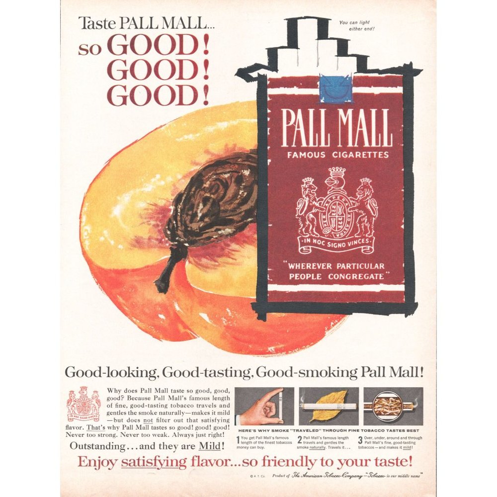 1961 Pall Mall Cigarettes Vintage Print Ad Peach Pit Fine Tobacco Wall Art 60s